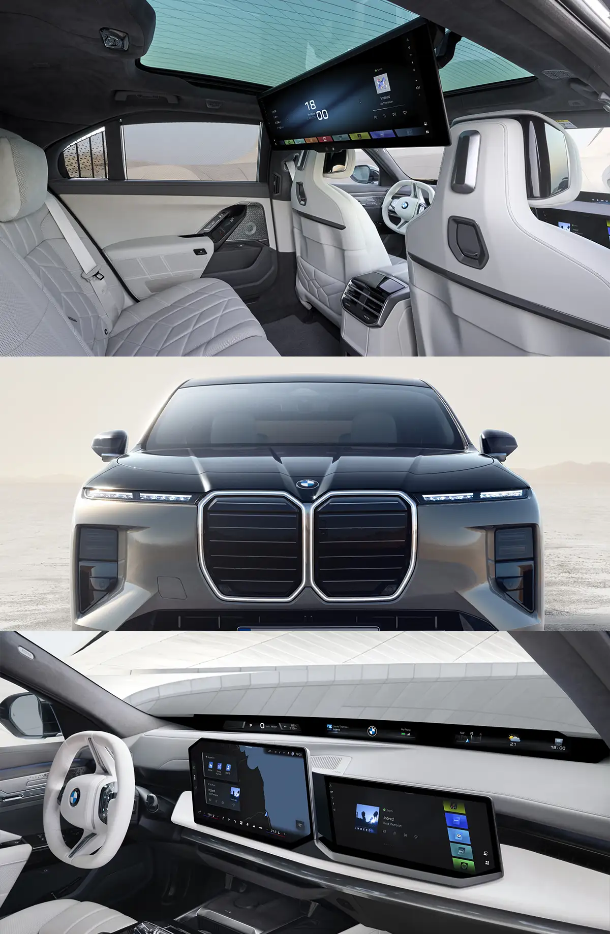 BMW Serie 7 interior trasero con Theatre Screen, frontal con parrilla Iconic Glow y salpicadero con Panoramic iDrive