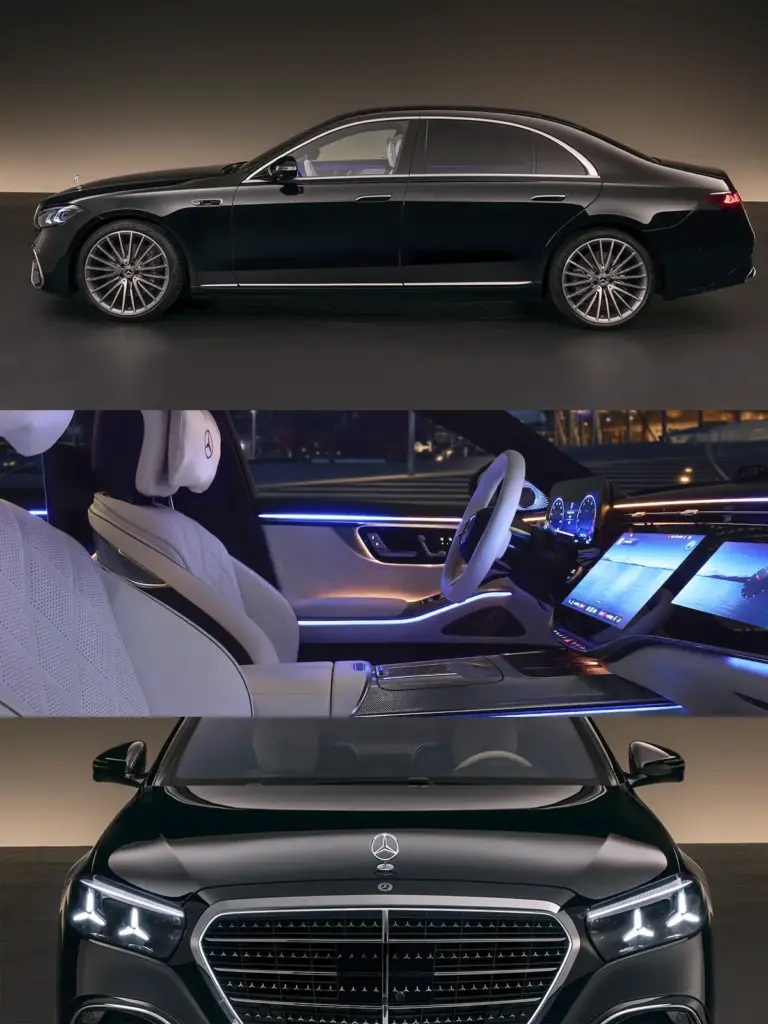 Mercedes-Benz Clase S exterior negro, interior con iluminación ambiental y parrilla delantera iluminada