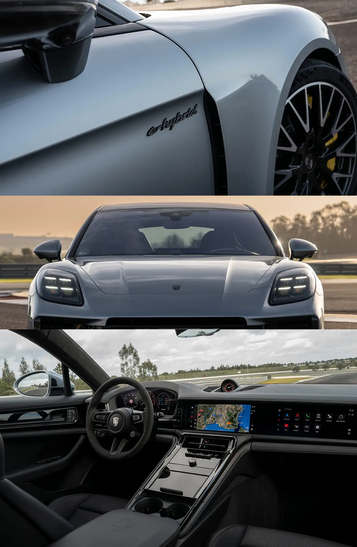 Porsche Panamera Turbo E-Hybrid detalle e-hybrid, frontal en circuito e interior con PCM